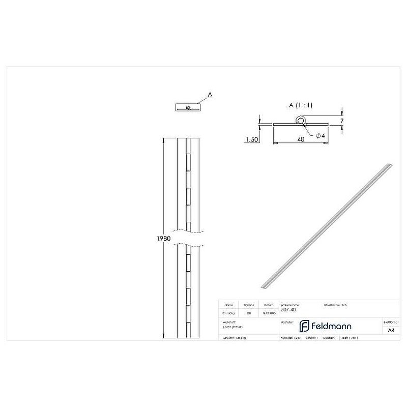 long hinge for welding, 40 x 1.5 x 1980mm, raw