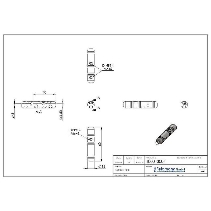 Threaded terminal for self-assembly, for 4mm cable, AISI304