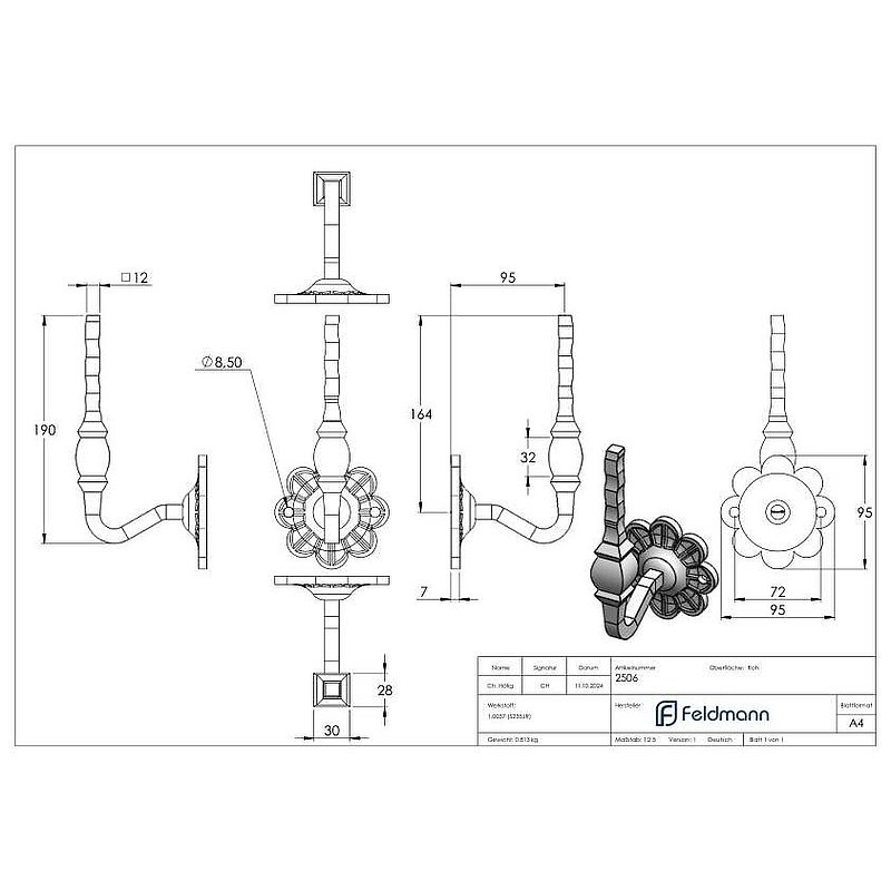 Handlaufträger mit Ronde 93mm, flach