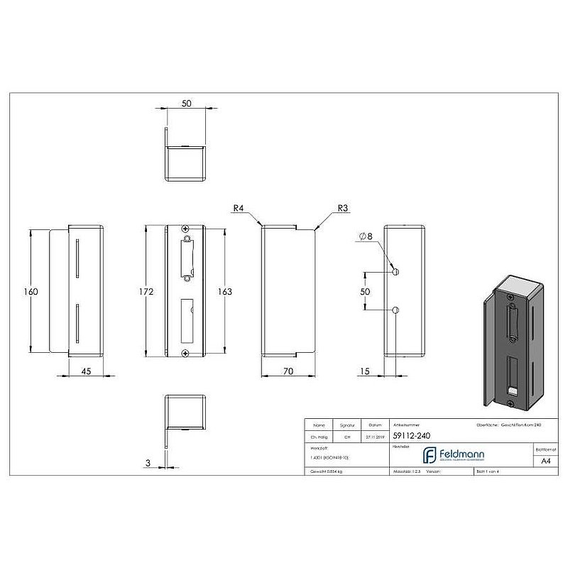 Gâche de serrure rectangulaire, acier inoxydable, avec entraxe 72mm, 50mm, V2A