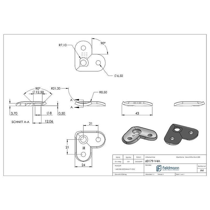 Handrail connection plate 90°, 42.4 mm, AISI316