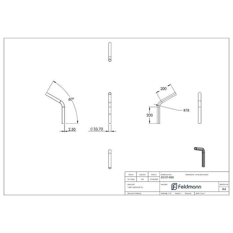 Tube bend 60°, made of tube 33.7x2.5mm, AISI304