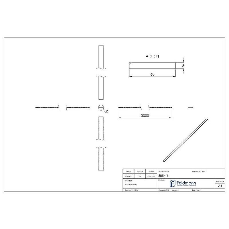 Flacheisen S235JR, 60x8mm, L: 3000mm