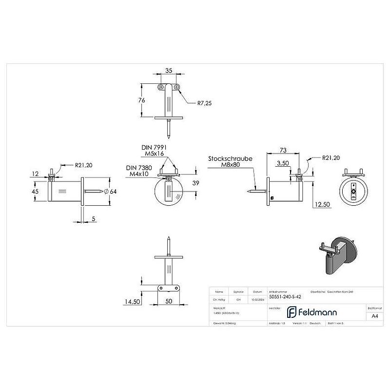 Sensa Design 2, pour tube 42,4mm, avec articulation pour inclinaison, V2A