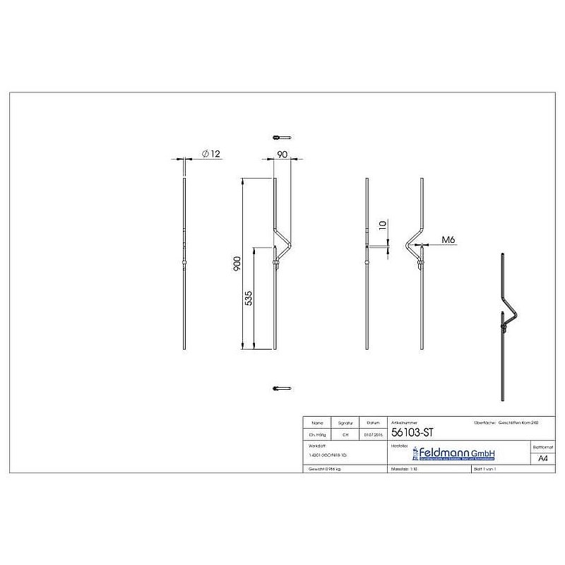 Barre design Ø12mm, lisse, H : 900mm, pour 1 boule Ø25mm