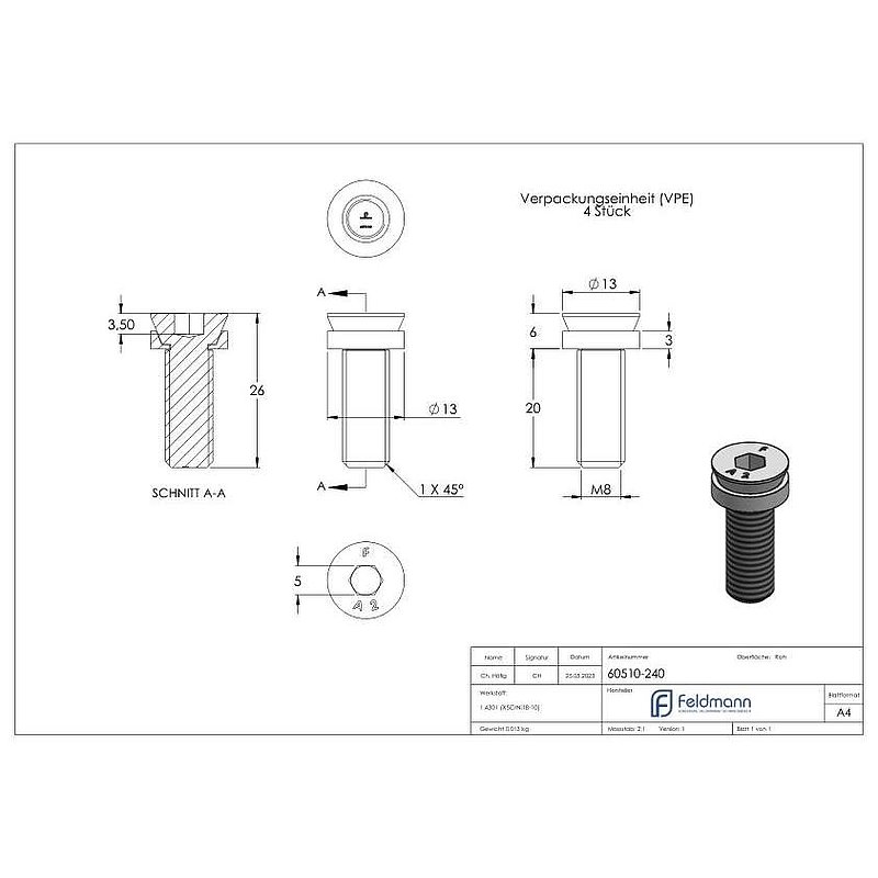 special screw M8 x 20, AISI304, 4 pcs