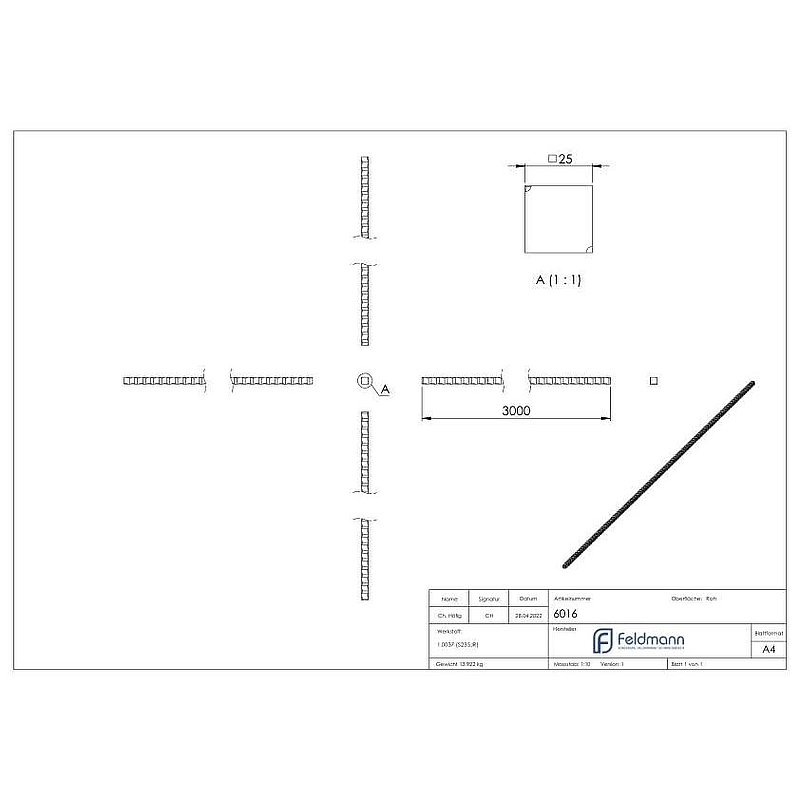 Vierkant S235JR, 25x25mm, L: 3000mm