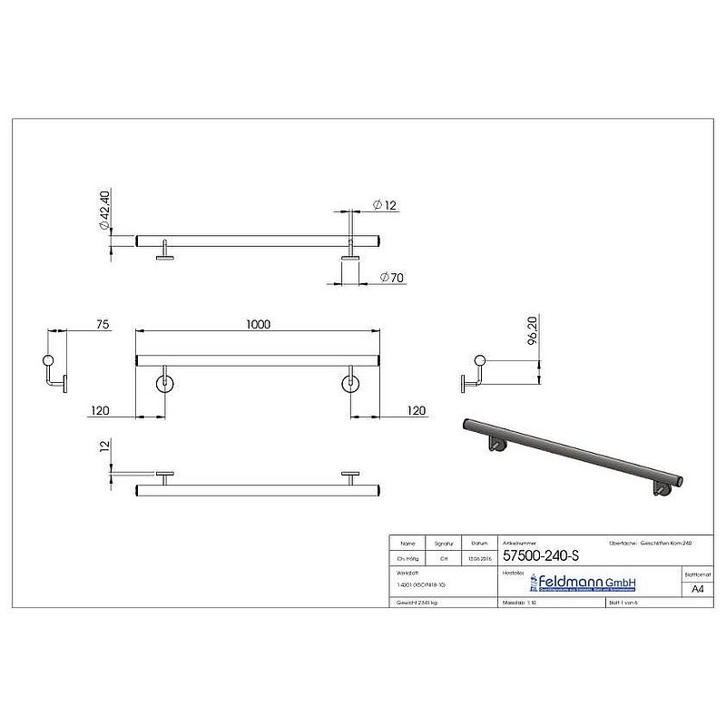Handrail, ready to install, L: 1000mm, AISI304
