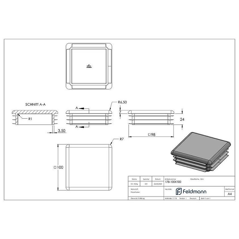 Kunststoffkappe für Quadratrohr 100x100mm