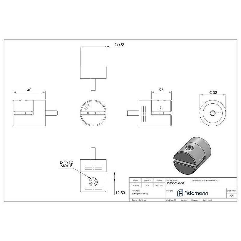 Blechhalter, Ø 32mm, Anschluss: gerade, V2A