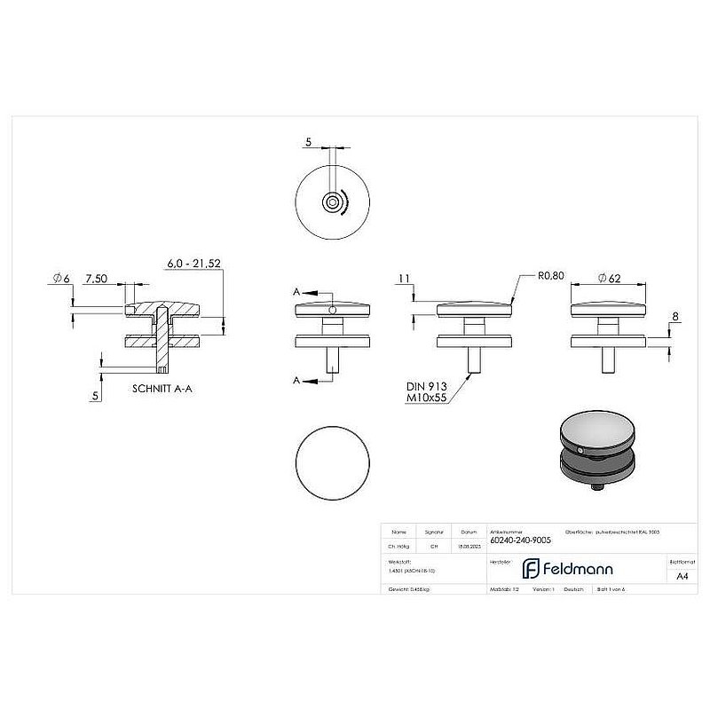 Glass point holder 62mm, connection: flat, AISI304, powder coated in RAL 9005 black matt