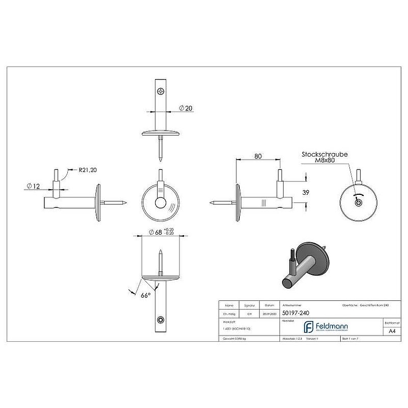 Handrail bracket for screwing on, pan head screw