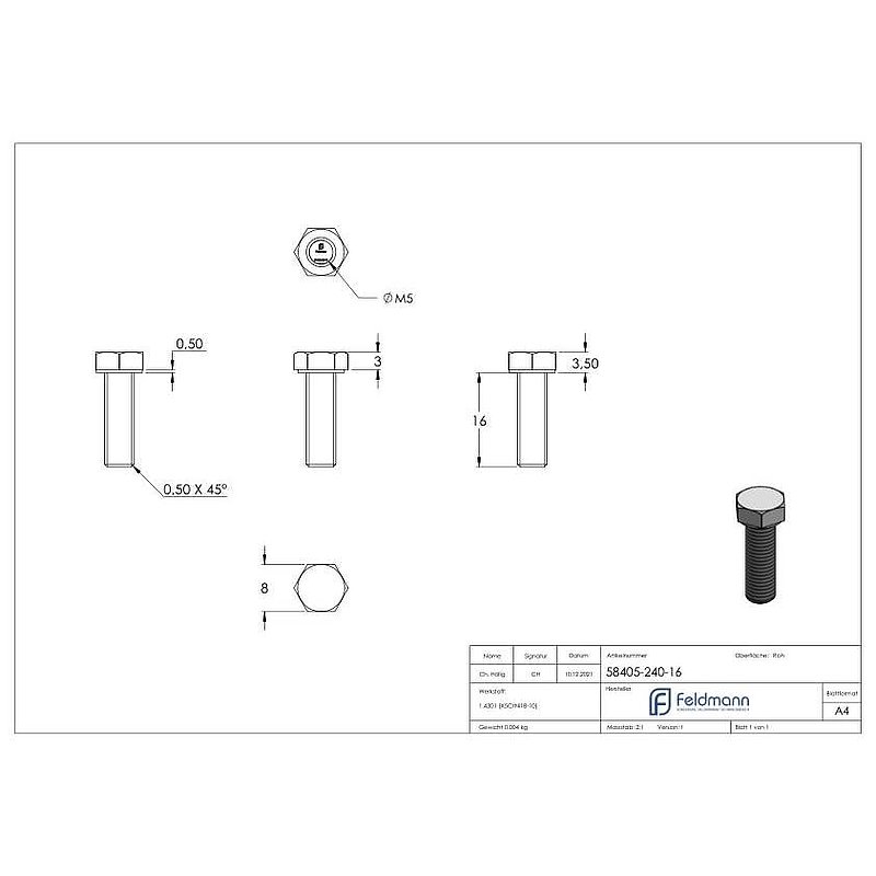 Vis à tête hexagonale M5x16, V2A, DIN 933