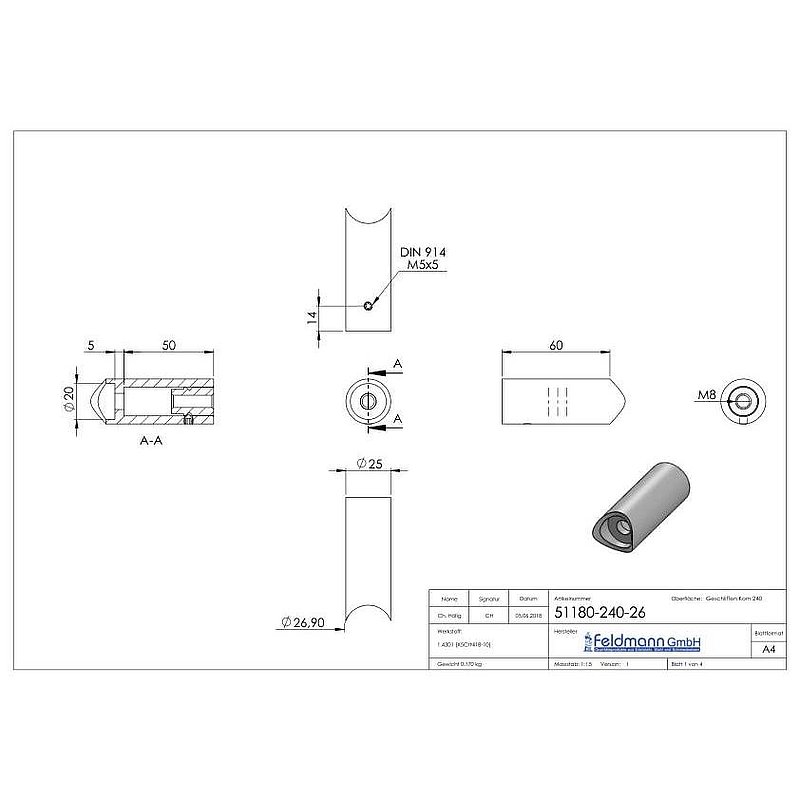 Rohrabstandshalter - für Rohranschluss 26,9mm, V2A