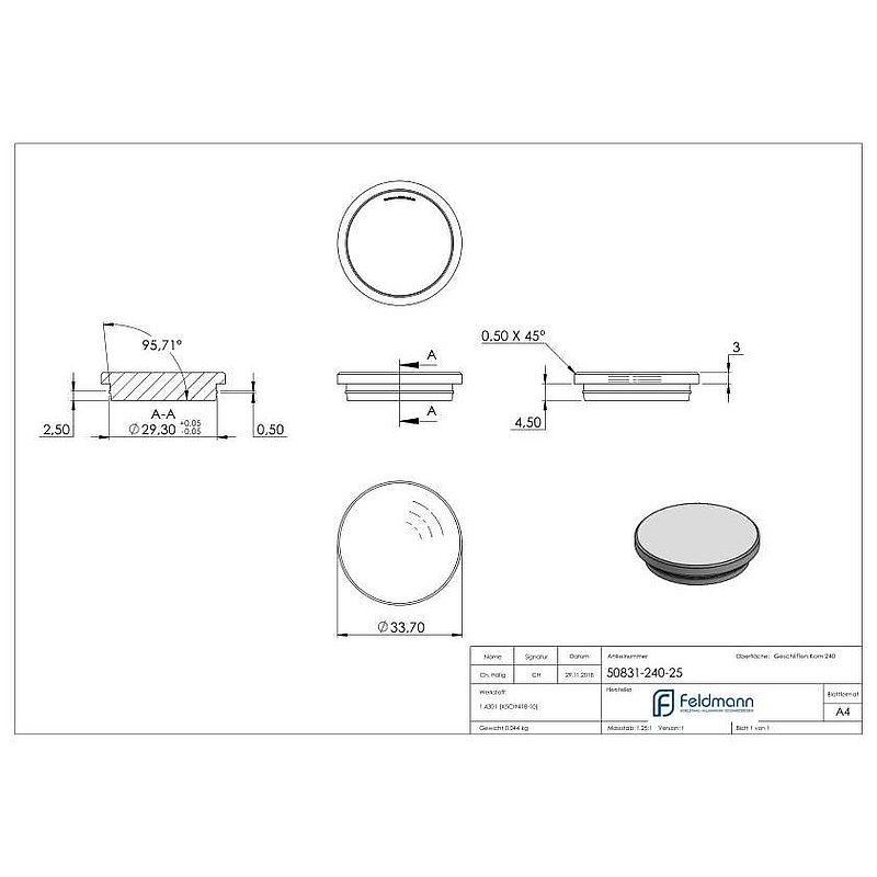 Tube end plug, for tube 33.7x2.5mm, AISI304