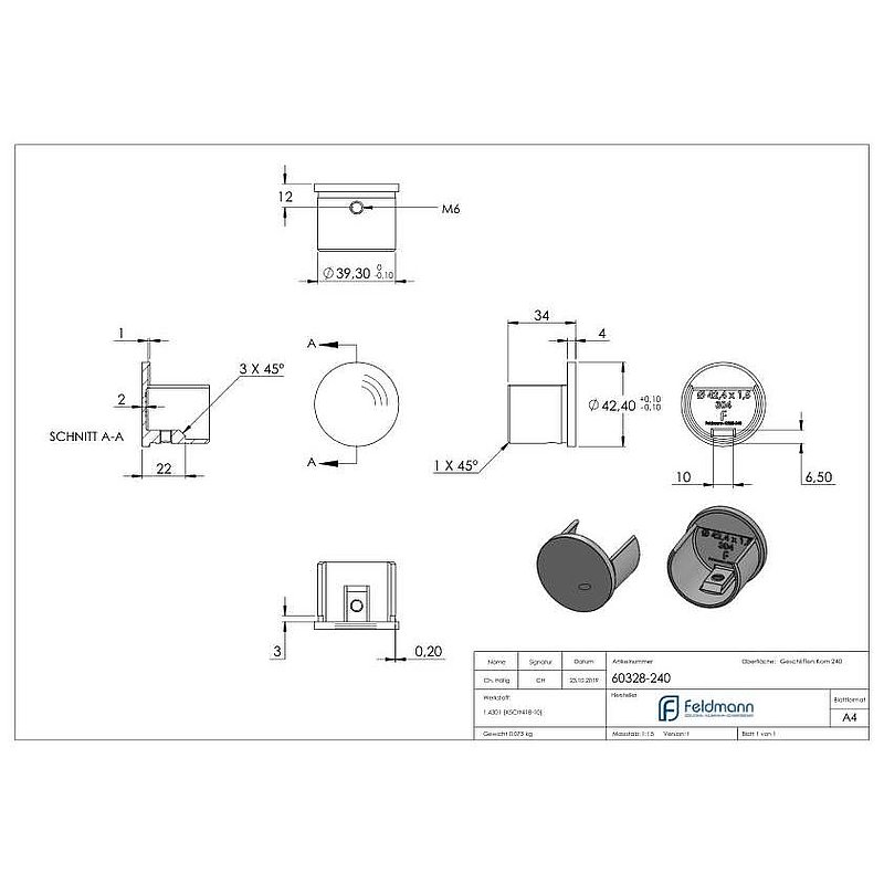 Embout, plat, pour tube à fond de gorge Ø 42,4mm, V2A