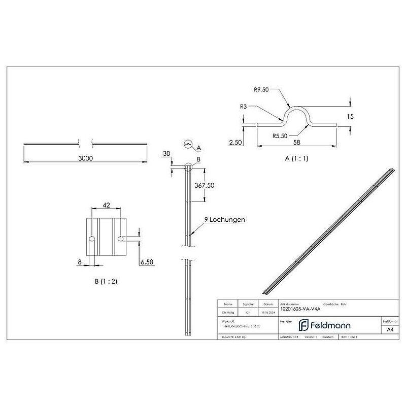 Running rail for screwing on, L: 3000mm, AISI316