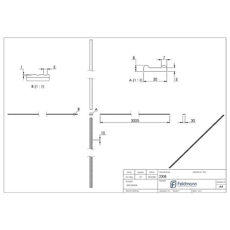 Hespene iron grooved 30x8x4mm, L: 3000mm