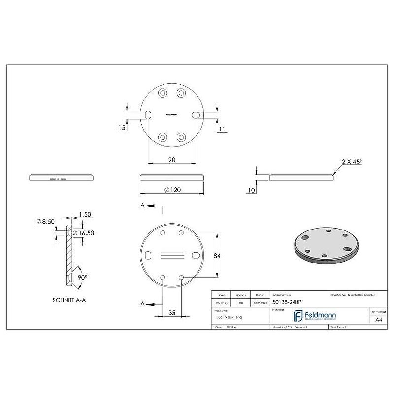 Anchor plate, 120x10mm, for clamping rings, AISI304