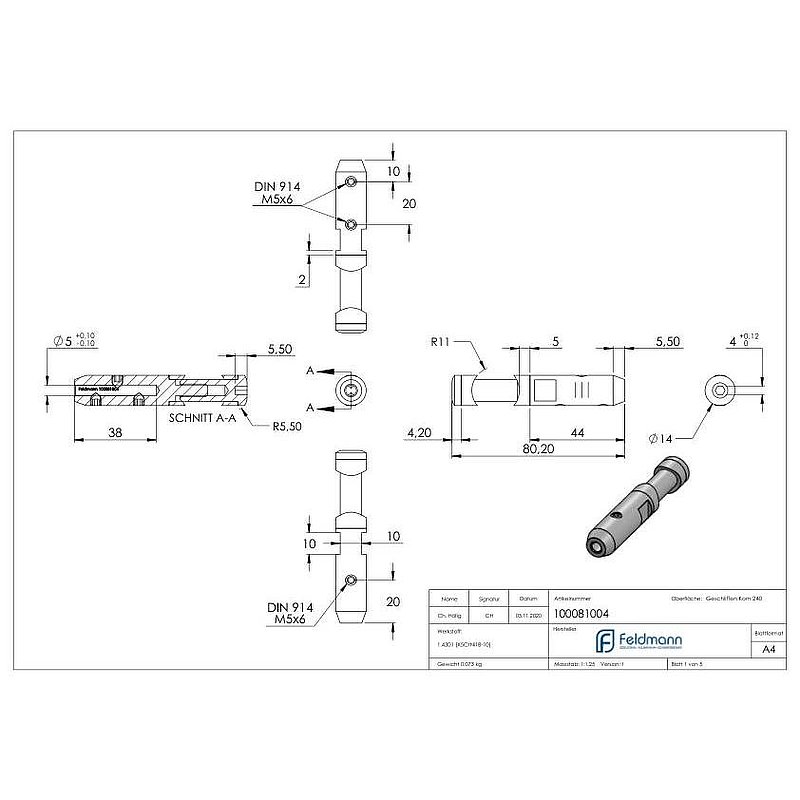 Cable holder for 4mm rope, AISI304