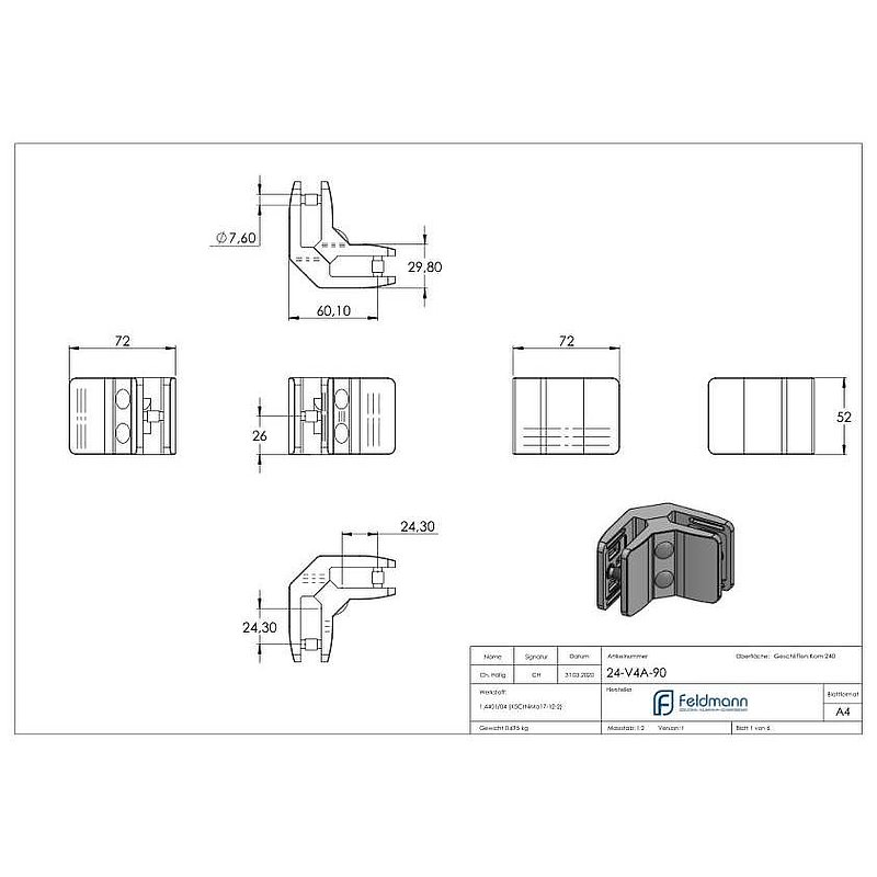 Pince à verre d'angle 90° modèle 24, V4A