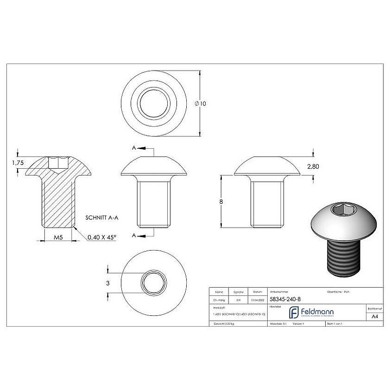Round-head screw M5x8, AISI304, DIN 7380-1