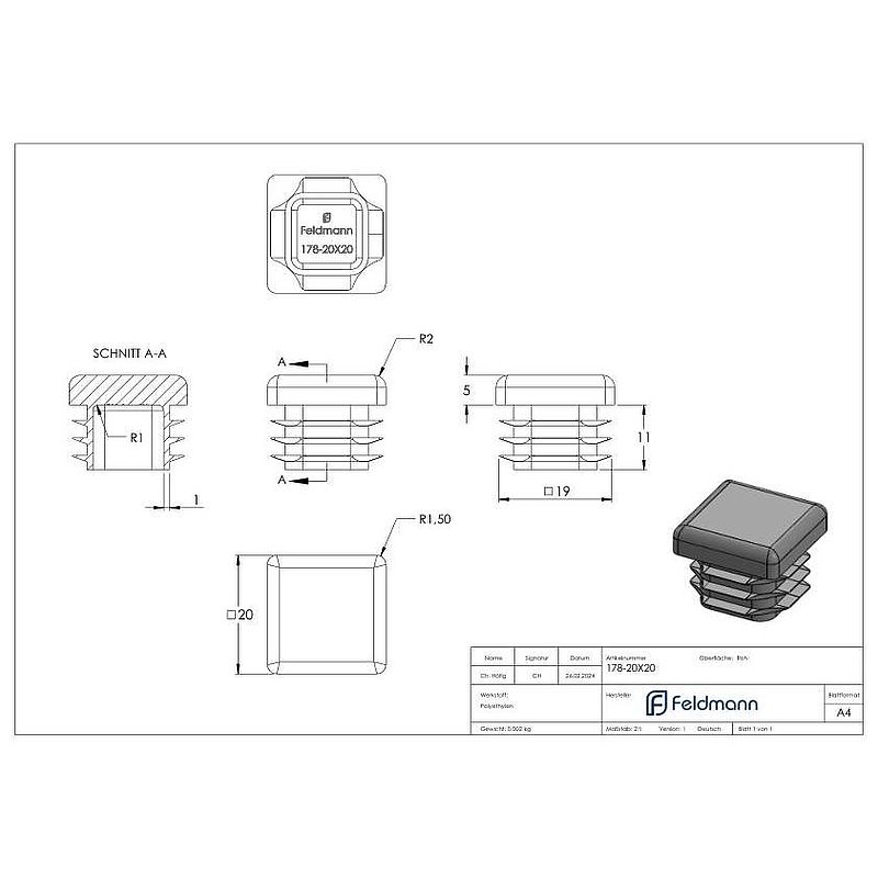 Kunststoffkappe für Quadratrohr 20x20mm