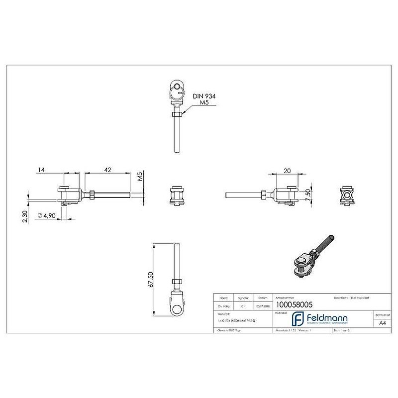 Fork terminal with external thread M5 right, AISI316