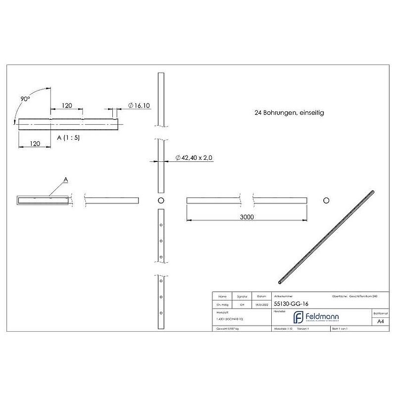 Edelstahlrohr, eins. gelocht 16,1mm, 42,4x2,0mm, L: 3000mm, V2A