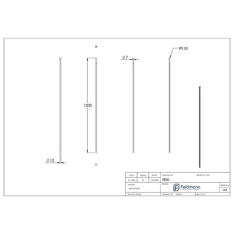 Barre de clôture Ø12mm, H : 1200mm, boule 19mm