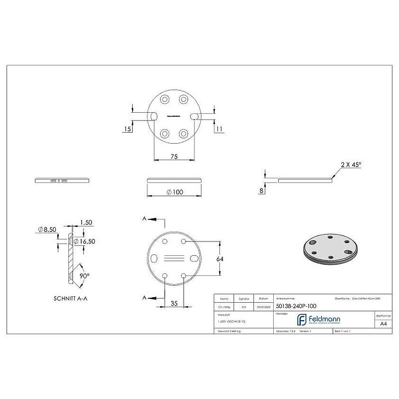 Ankerplatte, 100x8mm, für Spannringe, V2A