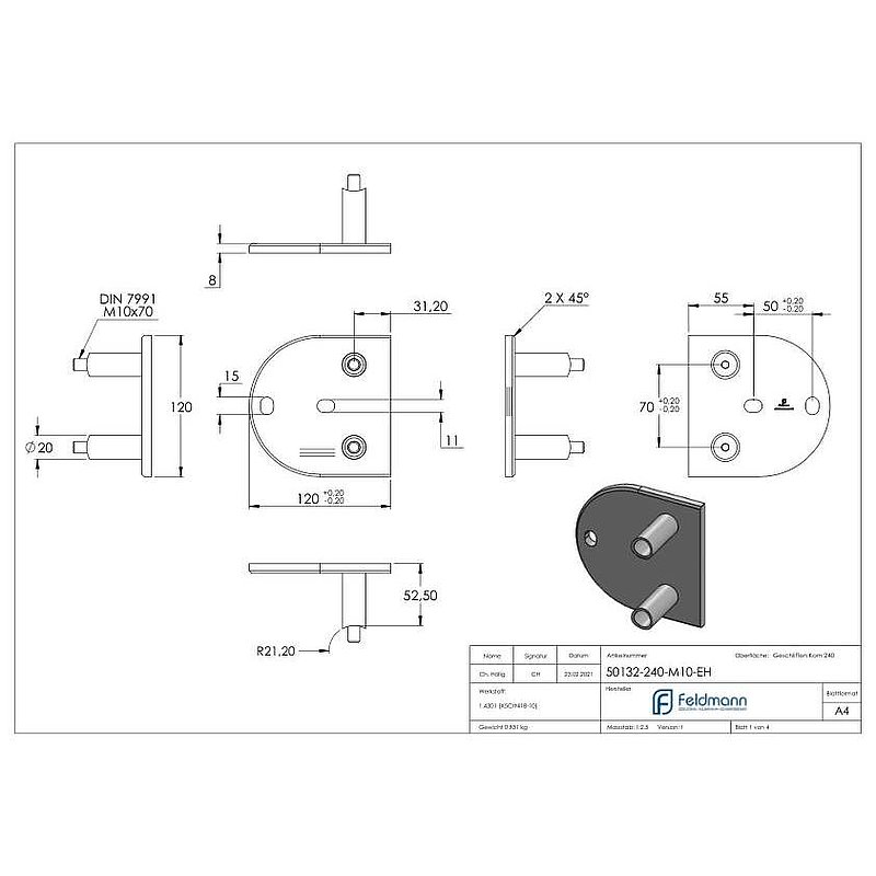 Wandbefestigung für Geländerpfosten 42,4mm, V2A
