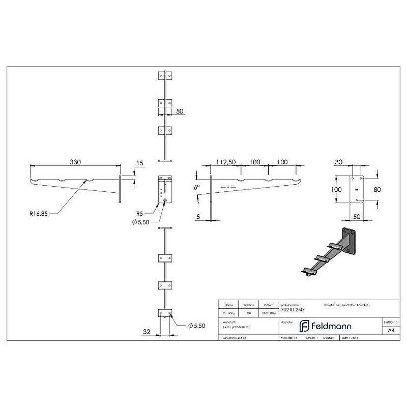 Tablettrutschenträger, für Rohr 33,7mm, V2A