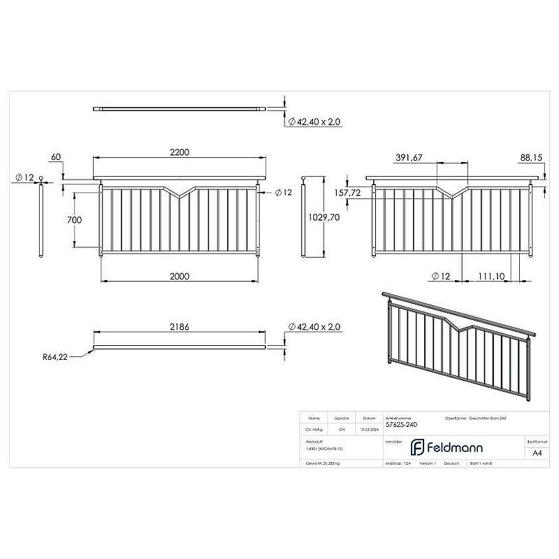 French balcony grille, with V-cutout, W: 2000mm, AISI304