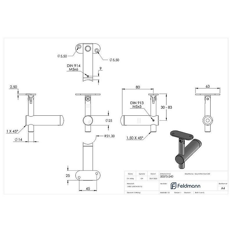 Handlaufhalter mit Gelenk, Handlaufanschlussplatte flach, V2A