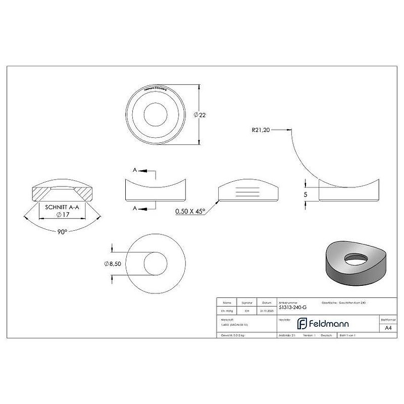 Ausgleichsstück (mit Senkung) für Rohr 42,4mm, Ø 22mm, V2A