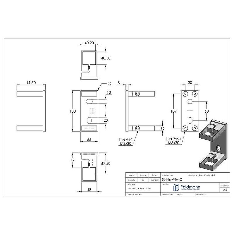 Fixation murale pour poteau de garde corps 40x40mm, V4A