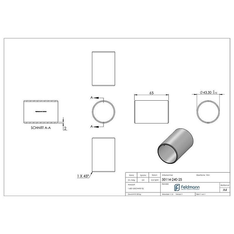 Connecting piece for tube 48.3x2.5mm, AISI304