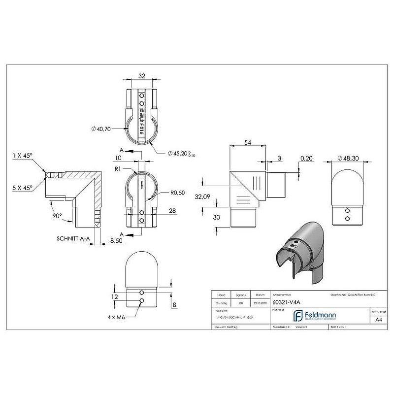 Eckbogen vertikal, für 48,3mm, V4A, Rahmenecke