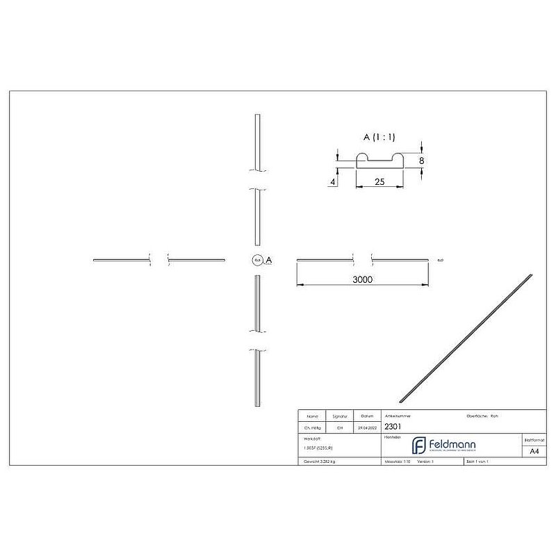 Hespene iron S235JR, 25x8x4mm, L: 3000mm