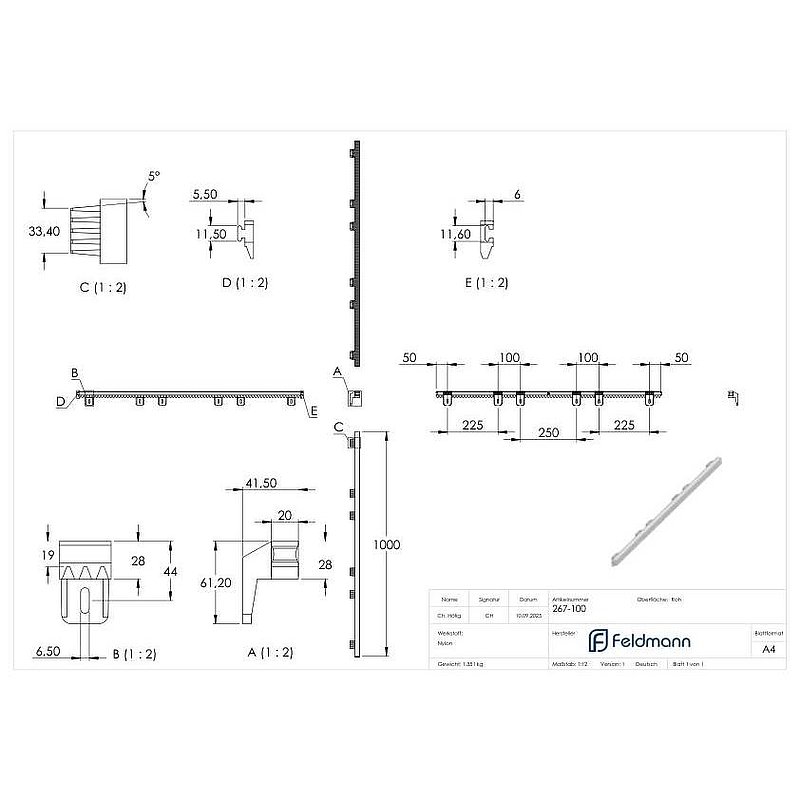 Rack 28 x 20 mm, made of reinforced nylon with steel core, length 1m, without mounting hardware