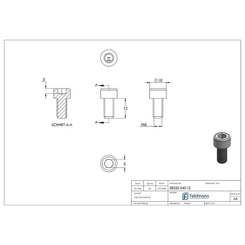 Zylinderkopfschraube M6x12, V2A, DIN 912