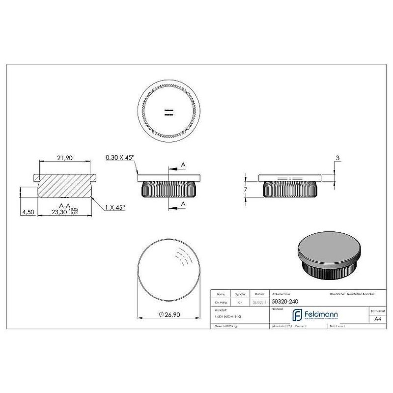 Rohrabschlussstopfen, für Rohr 26,9x2,0mm, V2A