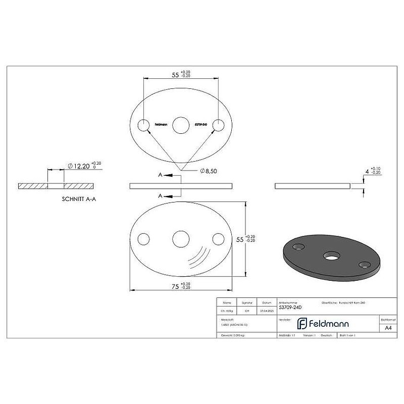 Ronde oval, 75x55x4mm, mit Rundschliff, V2A
