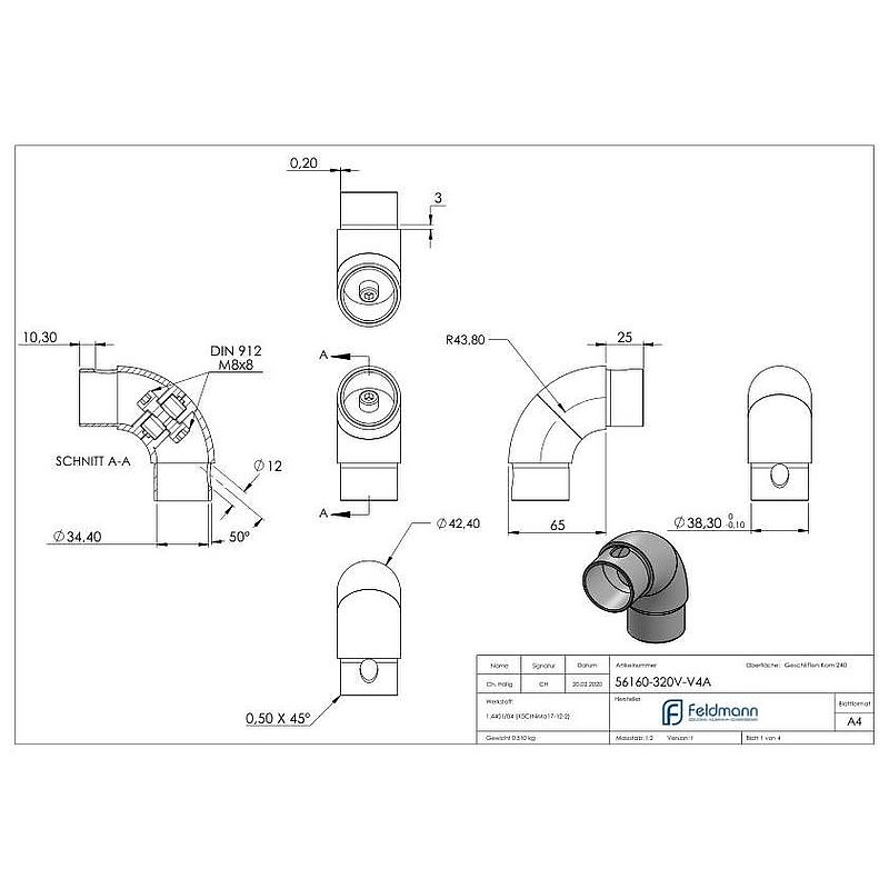 Tube bend 90°, adjustable, tube 42.4x2.0mm, AISI316