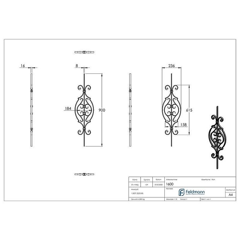 Barre d'ornement 16x8mm, rainurée, style baroque, H : 900mm