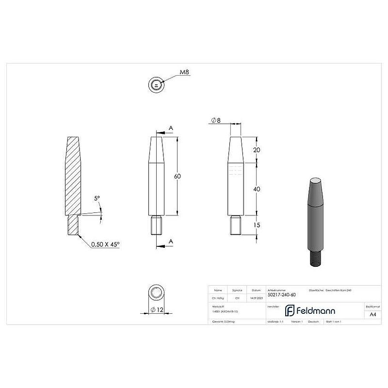 Stift Ø 12mm, L: 60mm, abgedreht, V2A