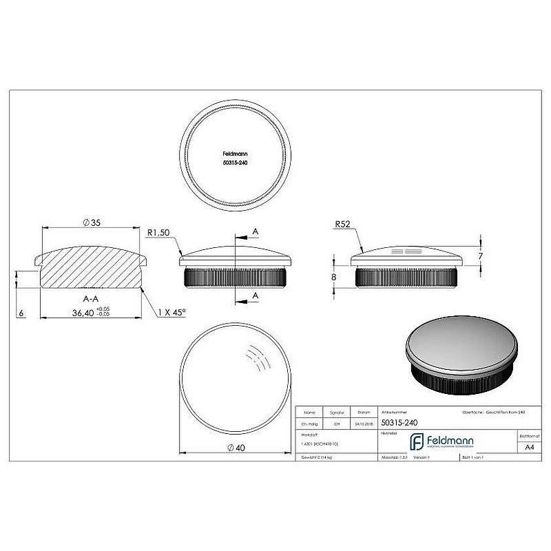 Rohrabschlussstopfen, für Rohr 40,0x2,0mm, V2A