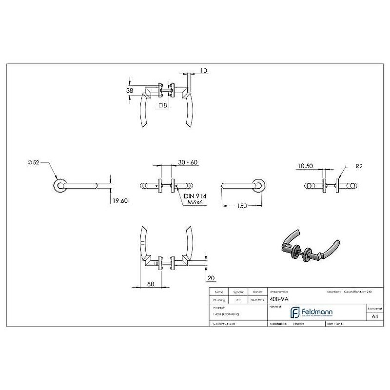 Pair of lever handles, rotatable, AISI304