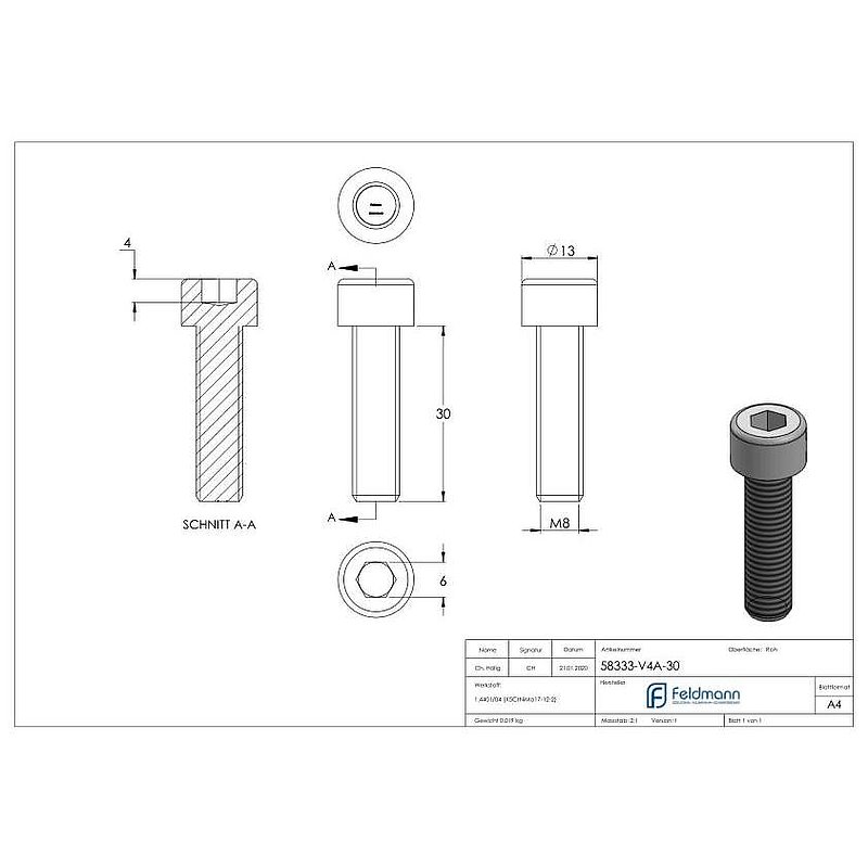 Zylinderkopfschraube M8x30, V4A, DIN 912